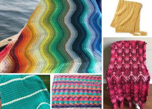 A collage of six vibrant crochet blankets showcases wavy crochet throws and colorful patterns, including striking zigzag and striped designs.