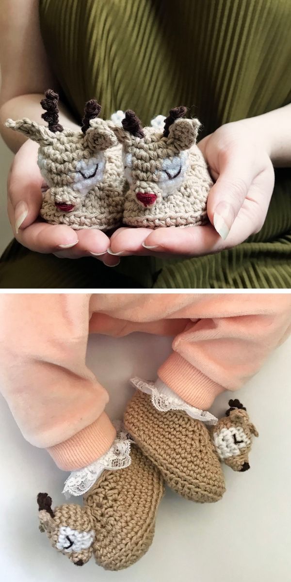 Sleepy Reindeer Baby Booties Free Crochet Pattern