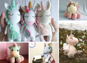 Collage of six amigurumi unicorns in various colors and styles, displayed against neutral and natural backgrounds.