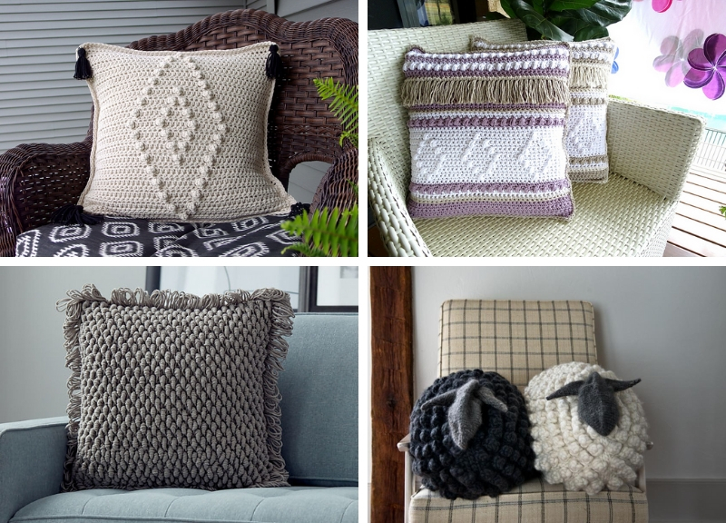 A collection of pictures of knitted pillows.