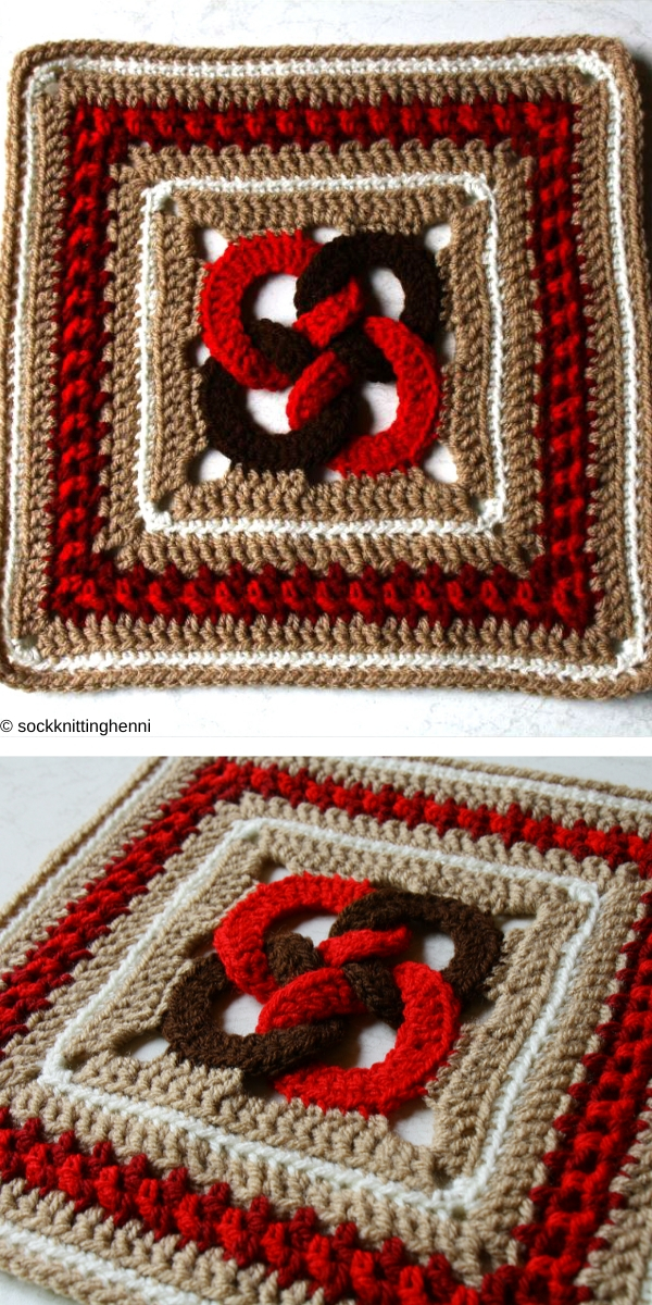 Two crochet celtic squares with a red, brown and white pattern.