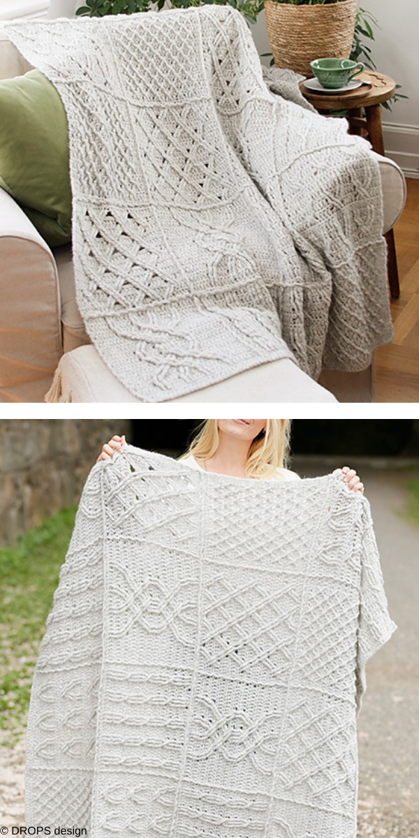 Two pictures of a woman holding a crocheted Celtic blanket.