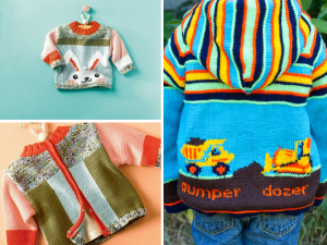 A delightful collage showcases three colorful knitted baby boy sweaters with charming designs, including a cute rabbit, lively stripes, and playful construction machinery with "dumper" and "dozer." These adorable creations are perfect for those seeking inspiration from free knitting patterns.