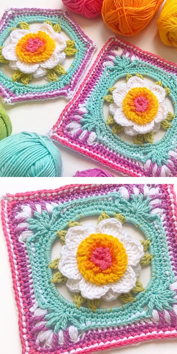 free crochet pattern: Peony Square & Hexagon 