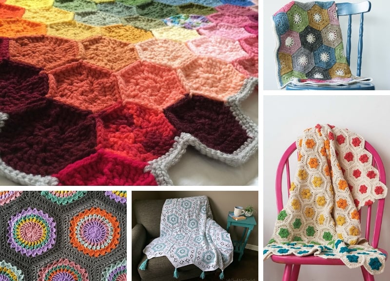 Colorful crochet afghans and blankets featuring hexagon patterns.