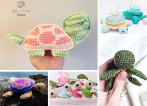 A delightful collage of crochet turtles showcases a large pastel turtle, a small green one nestled in hand, and an array of colorful turtles adorned with decorative shells and accessories.