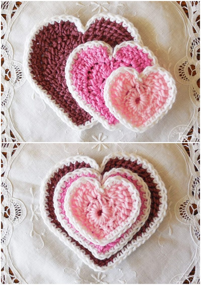 Valentine's day crocheted heart coasters.