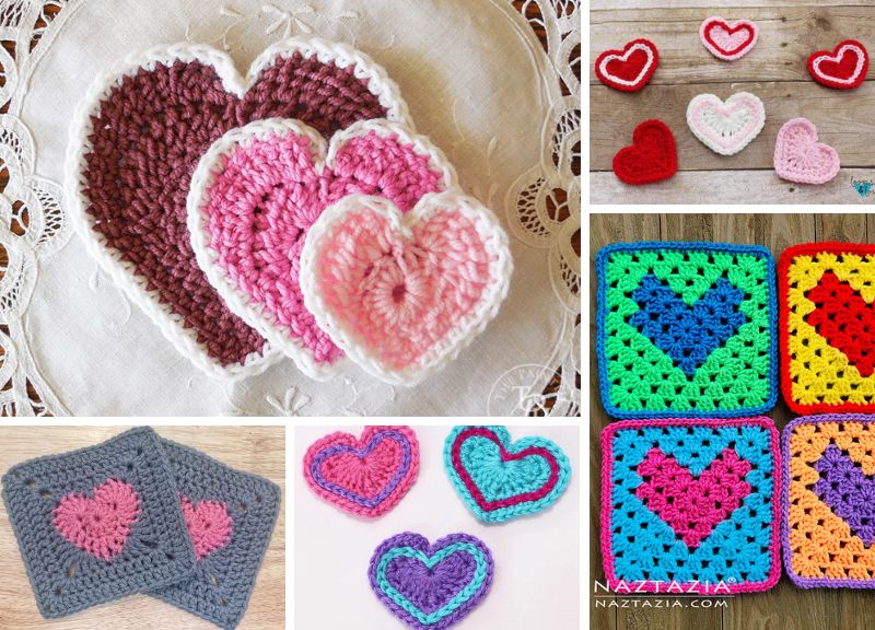 A colorful collage of crocheted hearts.