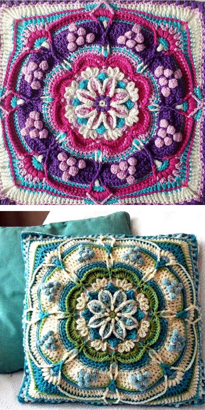 amazing crochet flower square block in mostly pink and purple