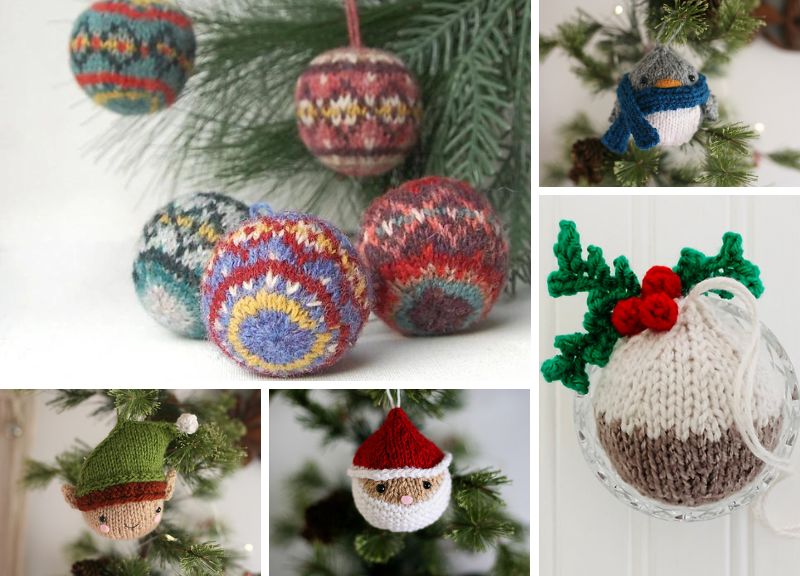 A collage of knitted christmas ornaments hanging on a tree.