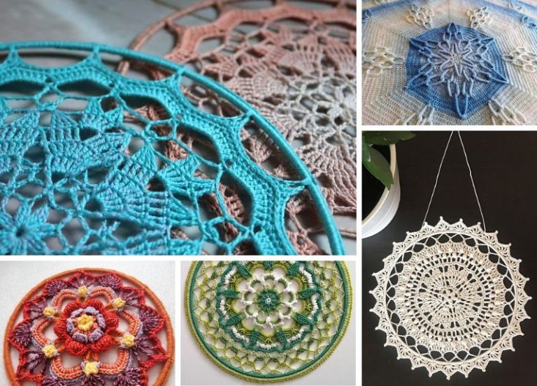 A vibrant collage of floral crocheted ornaments, featuring intricate mandala designs.