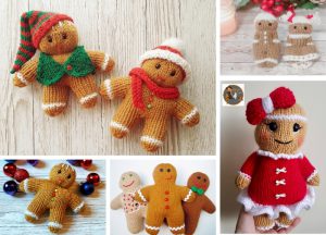 A charming collage of knitted gingerbread men showcases delightful Christmas outfits, featuring a Santa hat, an elf costume, and a red dress with a bow. Each unique doll is crafted from an intricate knitting pattern, perfect for the festive season.