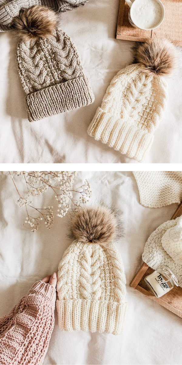 white and beige beanie cap on white background