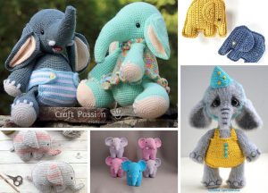 A collage of crocheted amigurumi elephant toys in various colors and sizes. Some elephants look plush, while others are more flat.