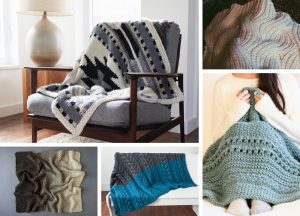 A collage of knitted throws and blankets showcasing various patterns and colors, including geometric, cable knit, and textured designs. A cozy chair complements the scene, while a person is seen admiring a soft throw.