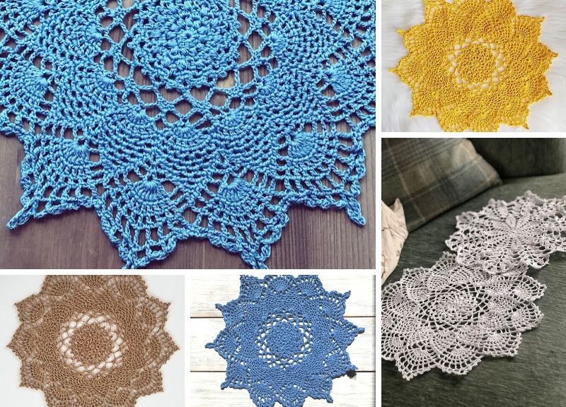 A collection of crocheted doilies in various colors.