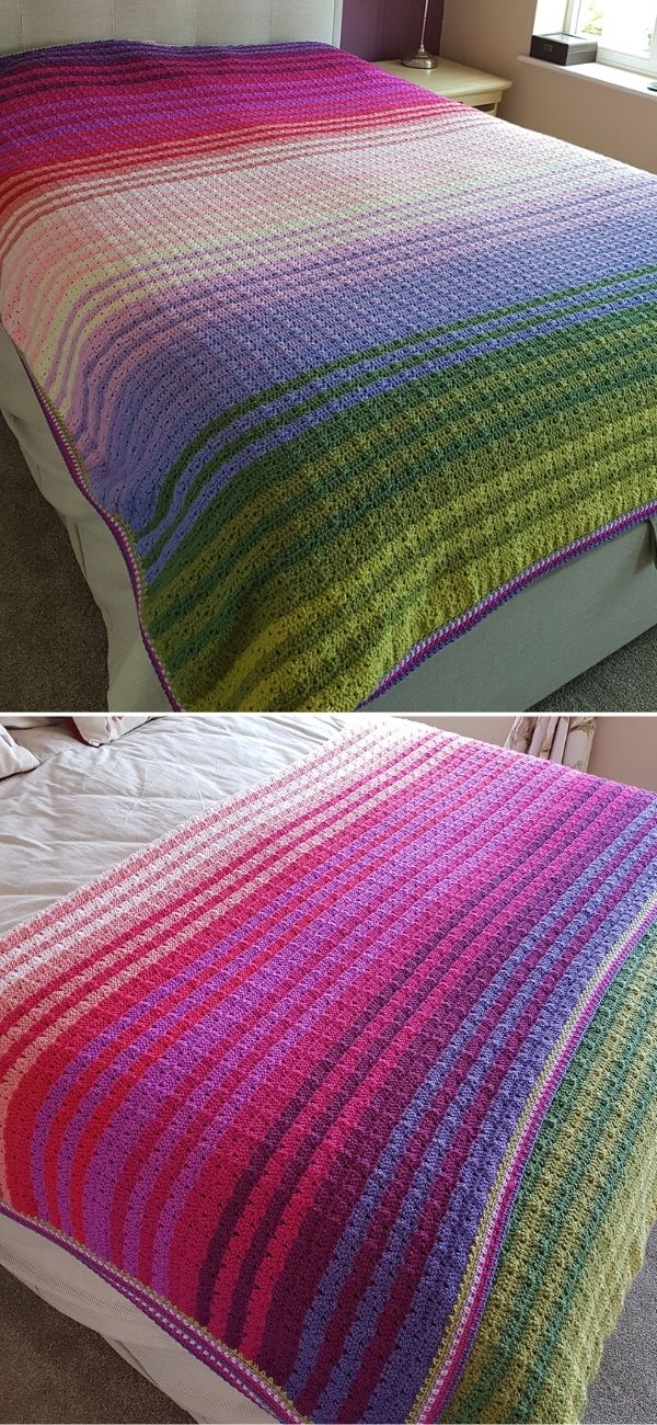 big striped crochet bedcover blanket on a bed