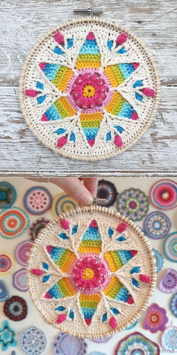 small and fancy crochet mandala with flowery design and colorful petals