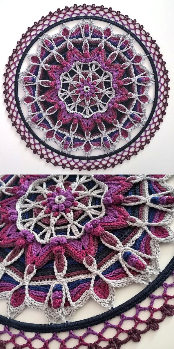 stunning delicate crochet mandala in mostly purple shades