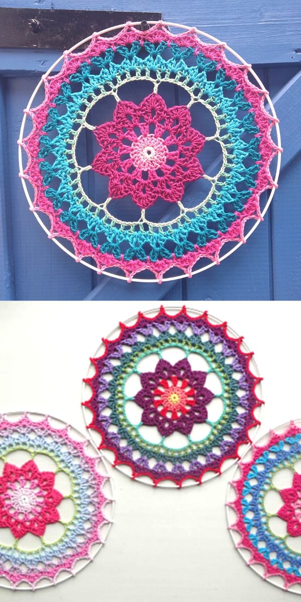 lacy crochet mandala hoop in pink and blue shades