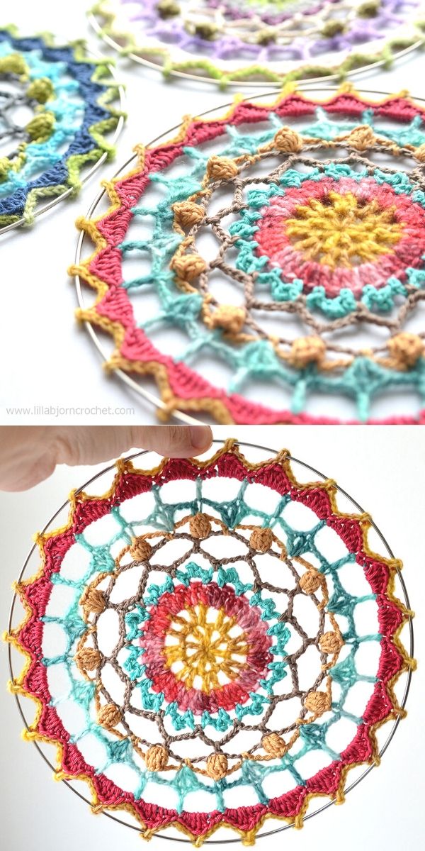 three lacy hoop mandalas in different colors