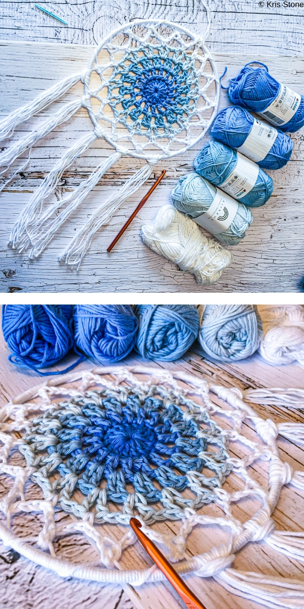 White to blue ombre mandala dreamcatcher free crochet pattern