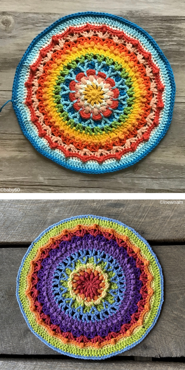 two rainbow colored crochet mandalas