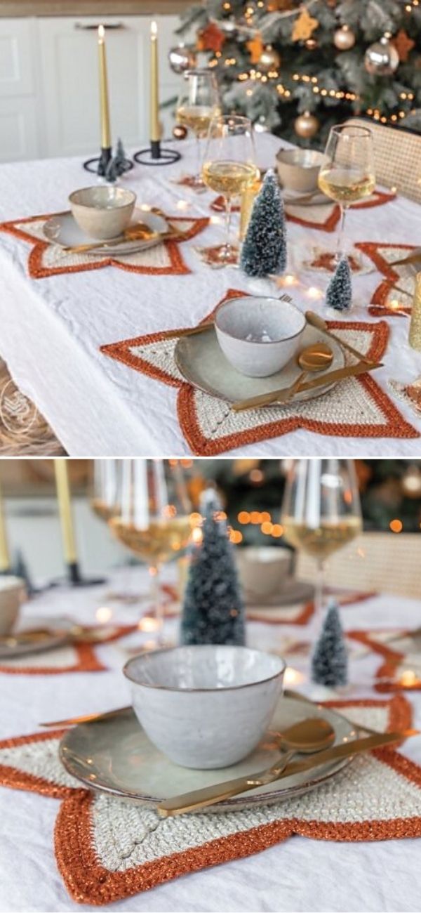 beautifully decorated Christmas table with star placemats under the tea cups on saucers