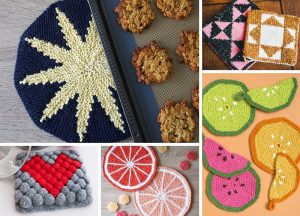 Collage of six knitted and crocheted items: a star pattern mat, cookies on a tray, geometric coasters, fruit slice designs, pink watermelon slices, and a red heart-patterned piece. Featured alongside are charming knitted hotpads.