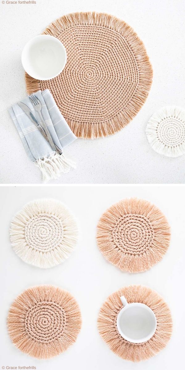 modern solid beige crochet boho placemats with a white bowl and a light grey tablecloth with fork and knife on it and a small white coaster in the same design next to this composition