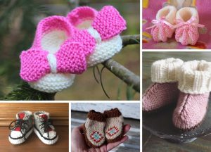 A charming collage showcases an array of baby booties: delicate pink ones with bows, cozy pink pairs featuring cuffs, trendy sneaker-style designs, and whimsical patterned creations.
