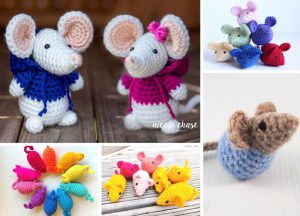A charming array of crocheted amigurumi mice is displayed, featuring vibrant colors and unique styles. Among them are larger mice adorned with capes, while smaller, simpler designs are artfully arranged in delightful groups.