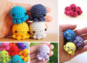 Discover tiny octopus amigurumi toys, crocheted in vibrant colors like blue, yellow, pink, and purple. Each features charming embroidered faces. Displayed in various arrangements and sizes, these delightful creations capture the essence of octopus crochet artistry.