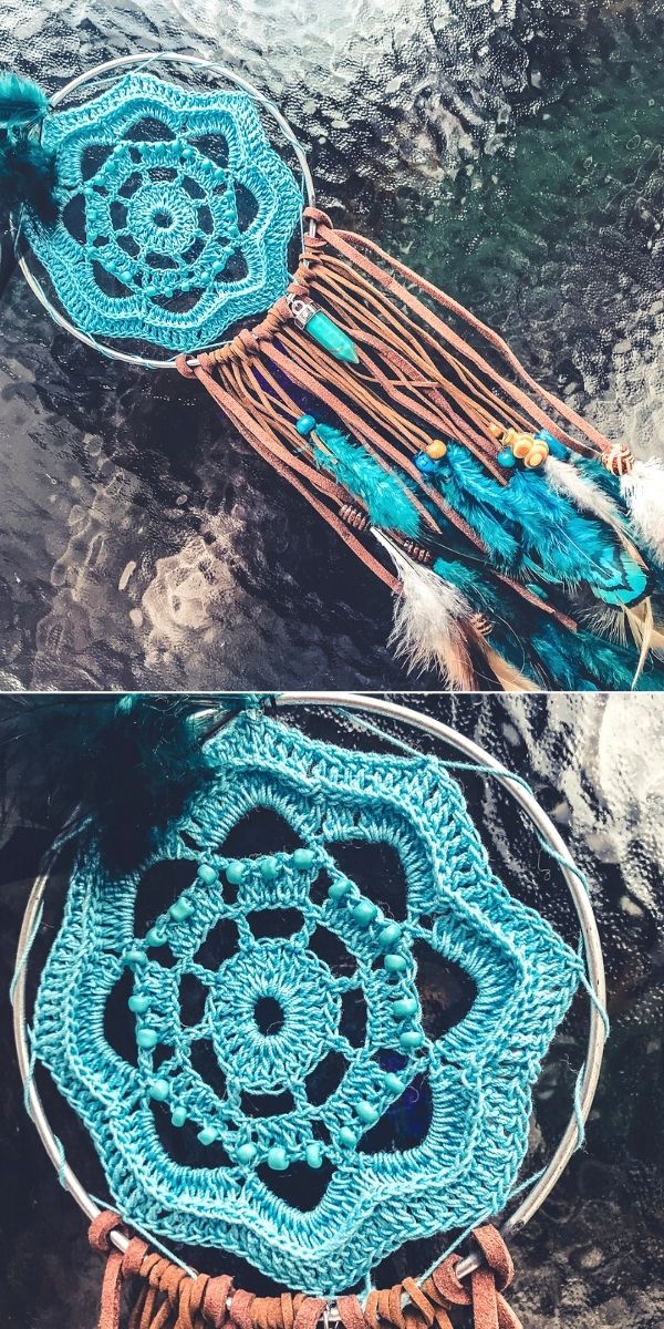 blue delicate crocheted dreamcatcher mandala with leather cords with blue feathers and stone beads 