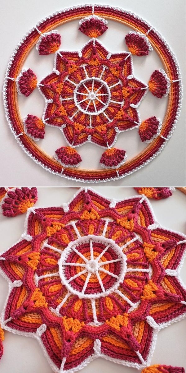 red orange and white stunning crochet mandala
