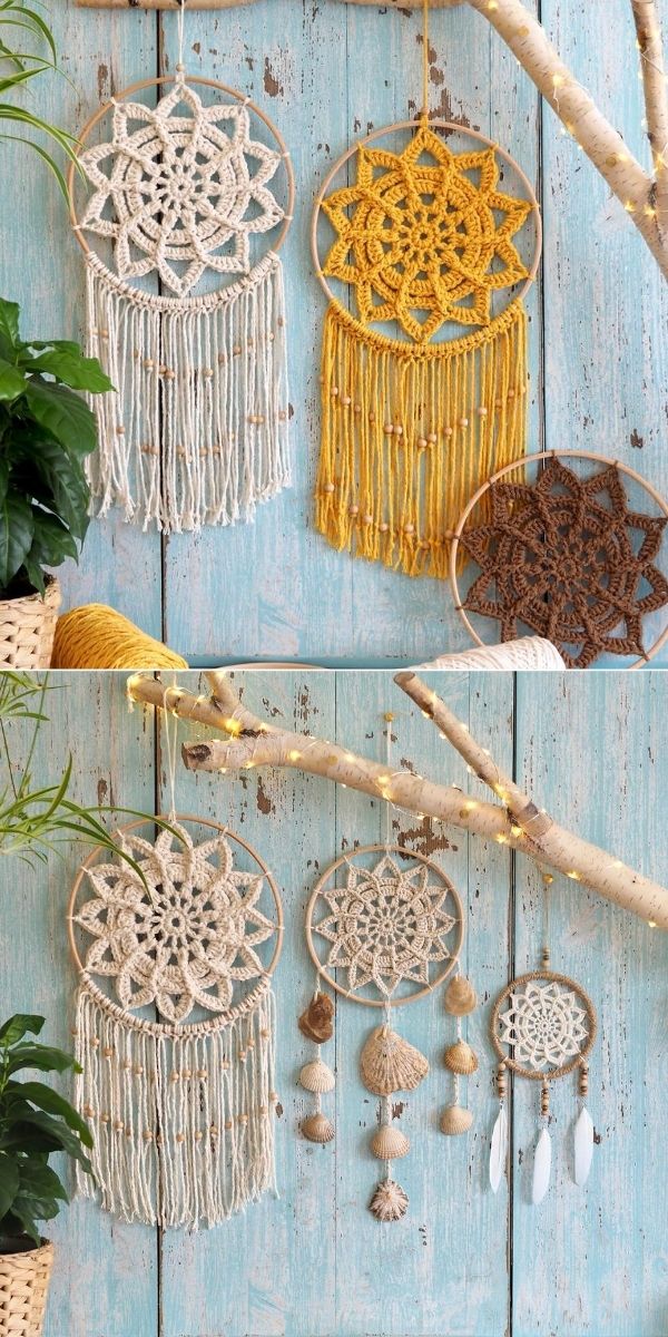 white yellow and brown dreamcatchers hanged on the tree branch