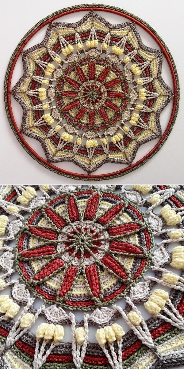 beautiful advanced crochet hoop mandala in mainly brown pale yellow and grey colors