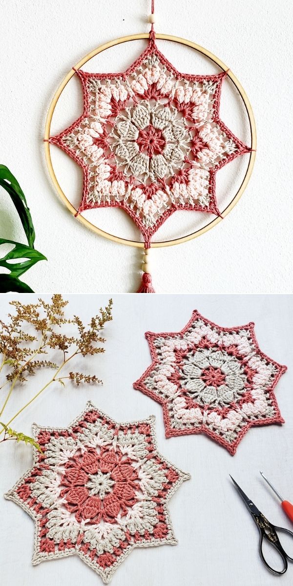 red and white crocheted hoop mandala in a form of a star