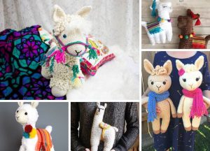 Collage of five colorful amigurumi llamas with decorative details, each uniquely styled with scarves, hats, or tassels. Different backgrounds highlight their playful designs.