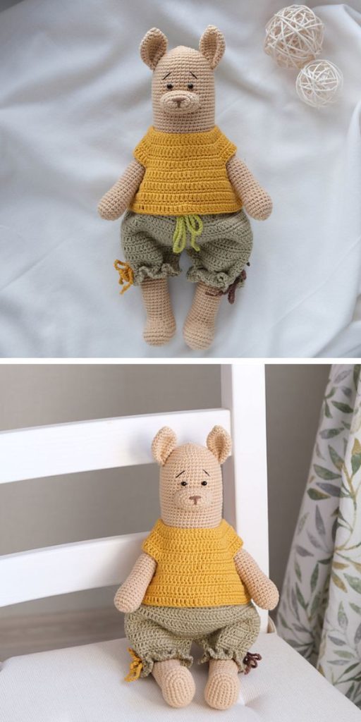 crochet llama toy in T-shirt and shorts