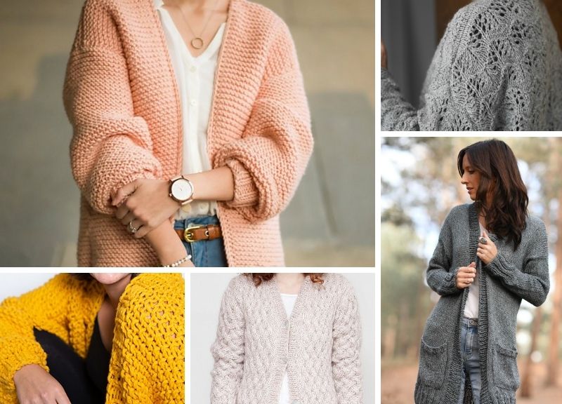 A collection of women wearing knitted cardigans.