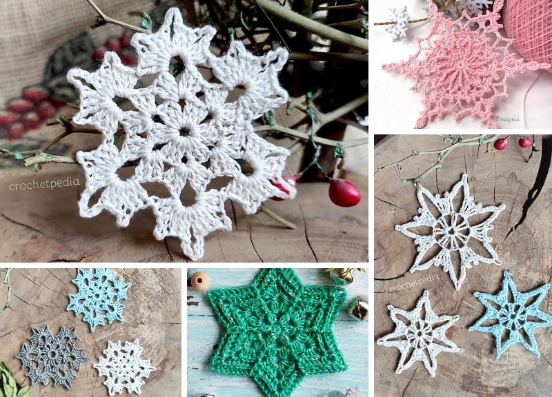 Crochet snowflake ornaments in multiple colors.