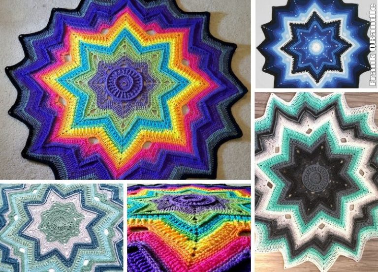 A charming collage displays five crochet blankets in star shapes, showcasing a delightful mix of colors like rainbow, blue, and teal shades.