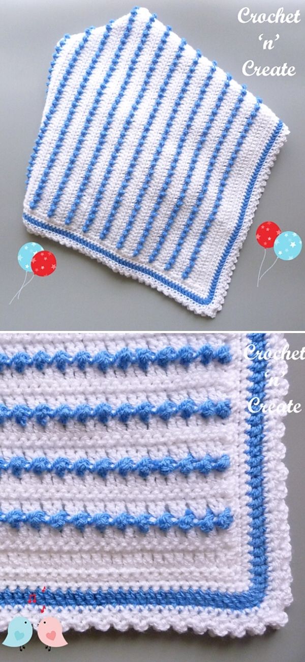 baby crib blanket with white body and blue pop stitch stripes