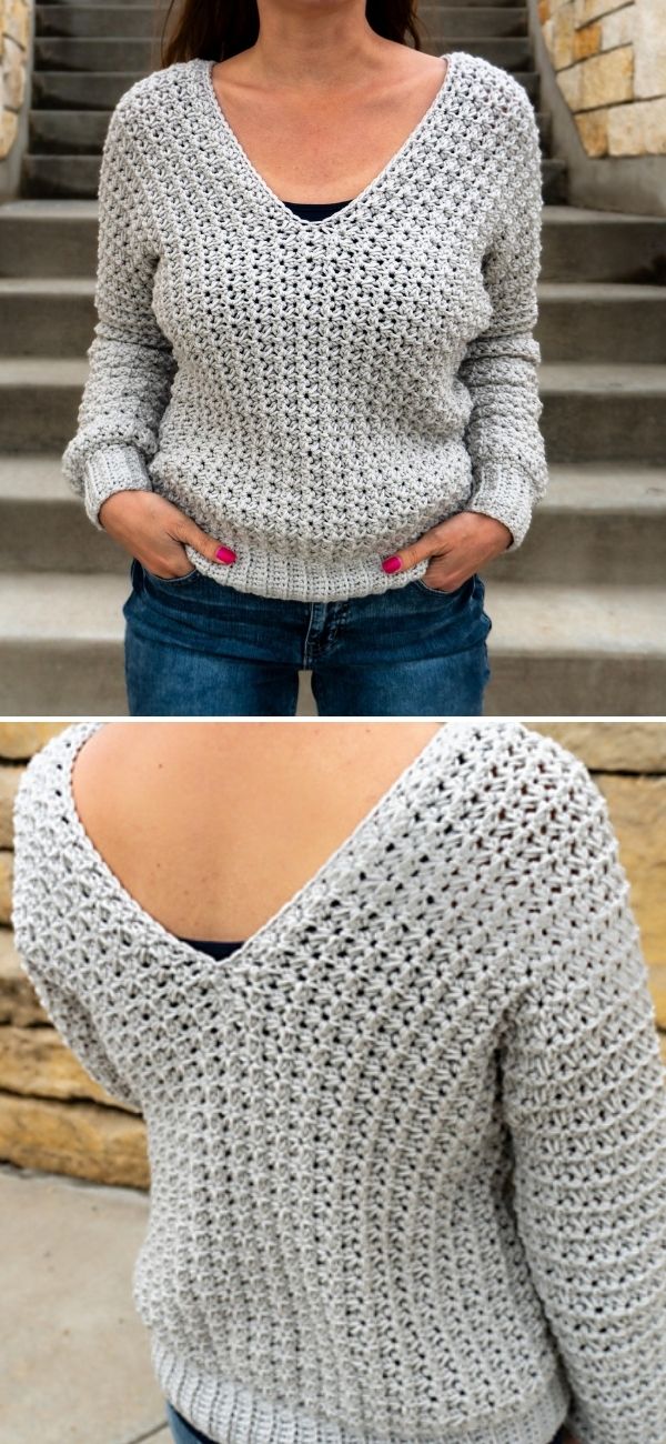 Classic V-neck crochet pullover pattern > easy construction! (free pattern  in sizes XS-2X)