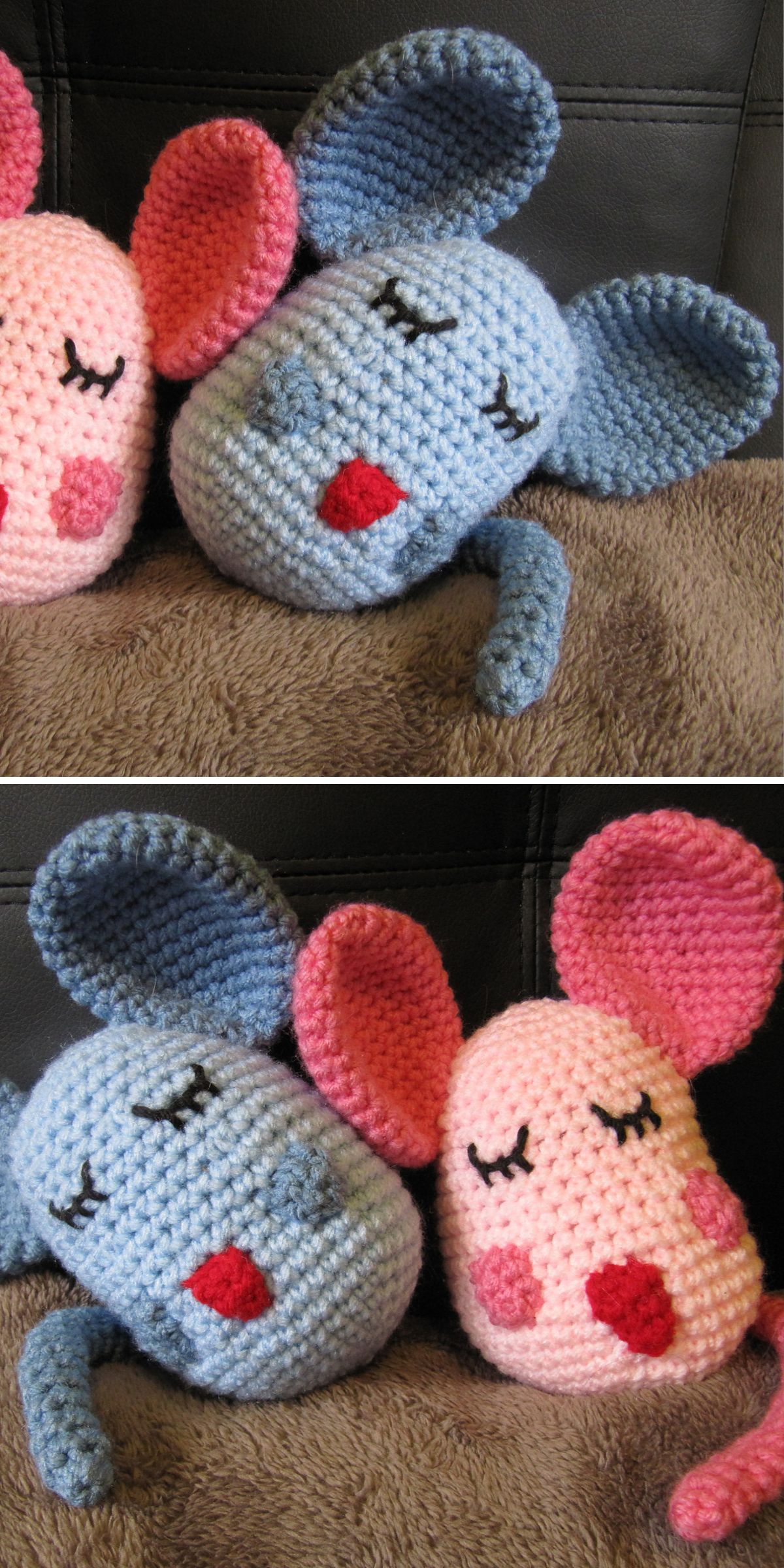 two sleeping mouse amigurumi in blue and in pink
