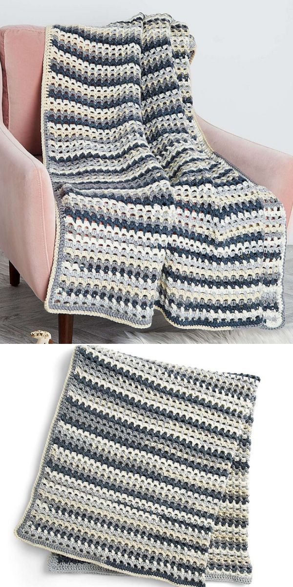 4-colored stripe crochet blanket in white lemon grey and black laying on the pink armchair