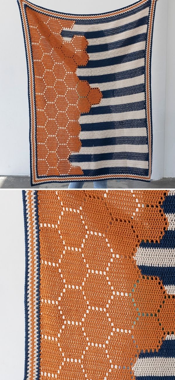 lightweight crochet blanket with a combination of brown hexagons on the left and white and dark blue stripes on the right side