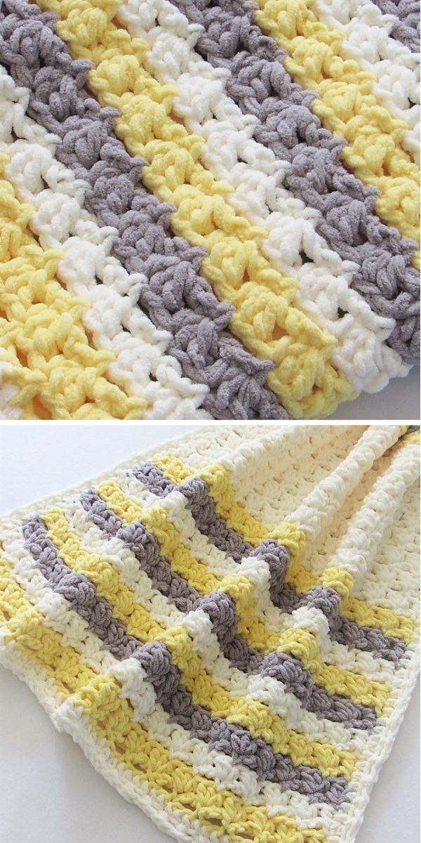 plush crochet baby blanket in white color with yellow and grey stripes