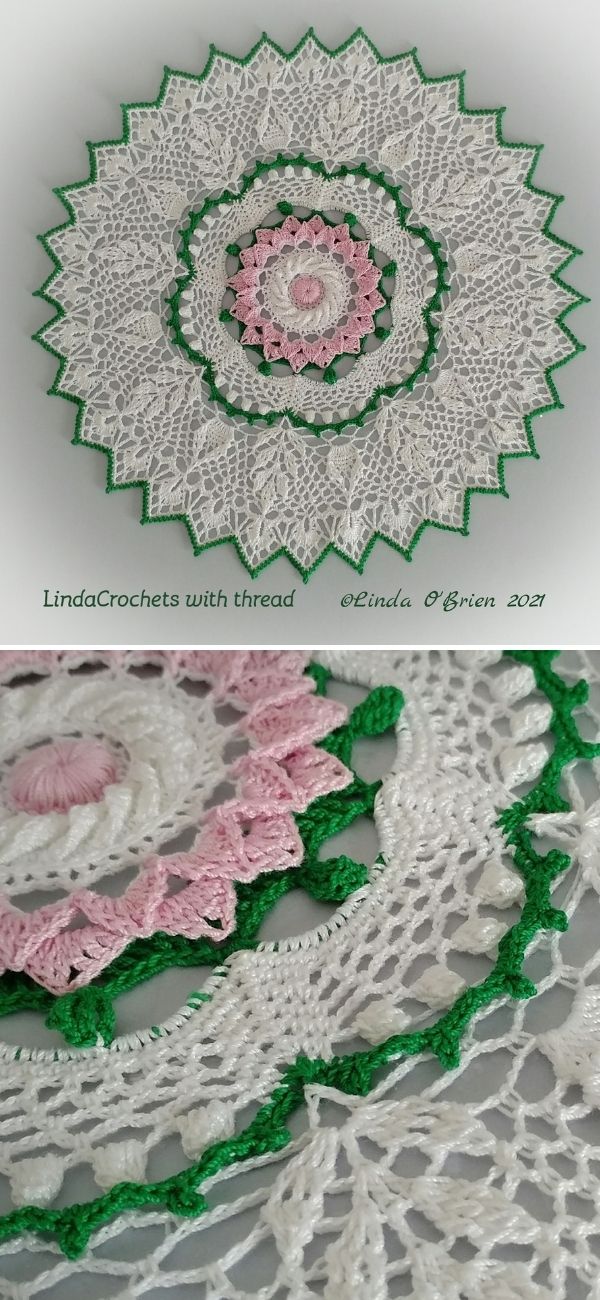 lace crochet mandala doily in white color with green edging and pink center flower